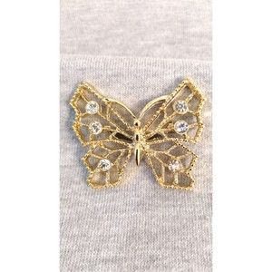 Vtg 1980s Gerrys Brooch Lapel Pin Butterfly Clear Rhinestones Gold Tone Metal
